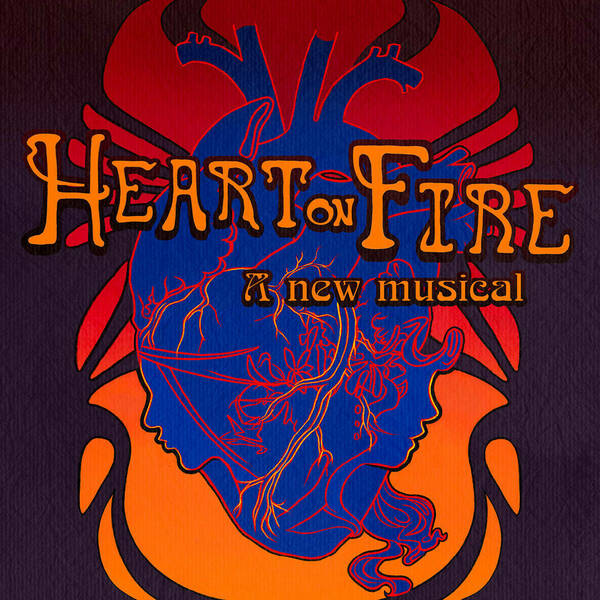 Heart on Fire title card, featuring a blue anatomical heart with silhouettes of two women's faces on an orange and purple background.