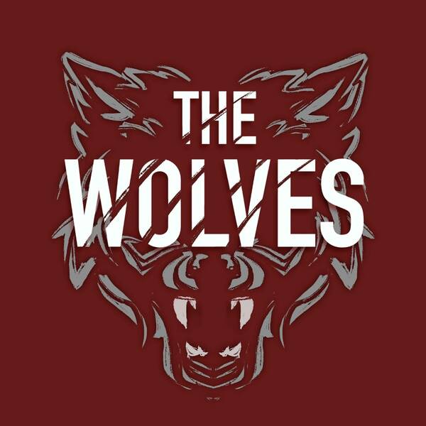 The Wolves title card featuring white lettering with a scratch across the letters on top of an outline of a wolf's head. This image has a red background.