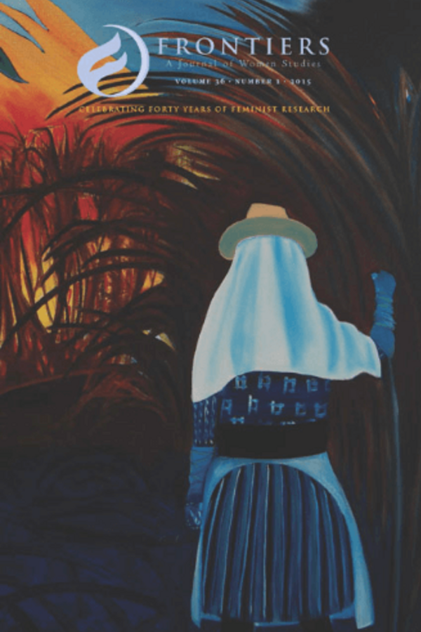 Frontiers: A Journal of Women Studies, Volume 36, Number 1, 2015 cover, featuring a painting of a person wearing a straw hat and light blue veil, facing away from the viewer toward a background of red and orange foliage.  The figure wears a blue patterned top, dark waistband, and blue pleated skirt.