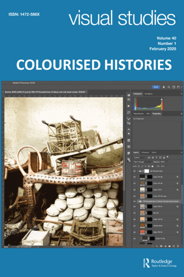 Visual Studies journal cover featuring a sepia-toned image of artifacts being colorized in Adobe Photoshop. The image depicts a wooden bed, a woven basket, a decorated box, and a pile of oblong objects. The Photoshop interface displays layers, color fills, and adjustments.