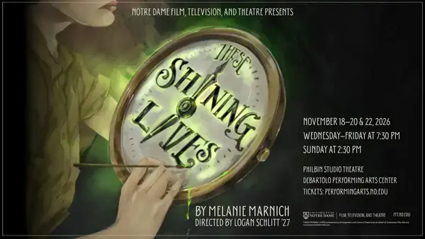 Painted image of a woman painting a glowing green clock whose face reads These Shining Lives
