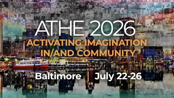 ATHE 2026: Activating Imagination in/and Community. Baltimore cityscape at night with reflections. July 22-26.