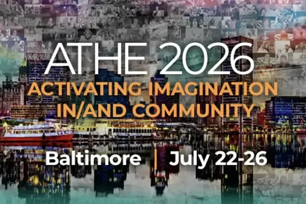 ATHE 2026: Activating Imagination in/and Community. Baltimore cityscape at night with reflections. July 22-26.